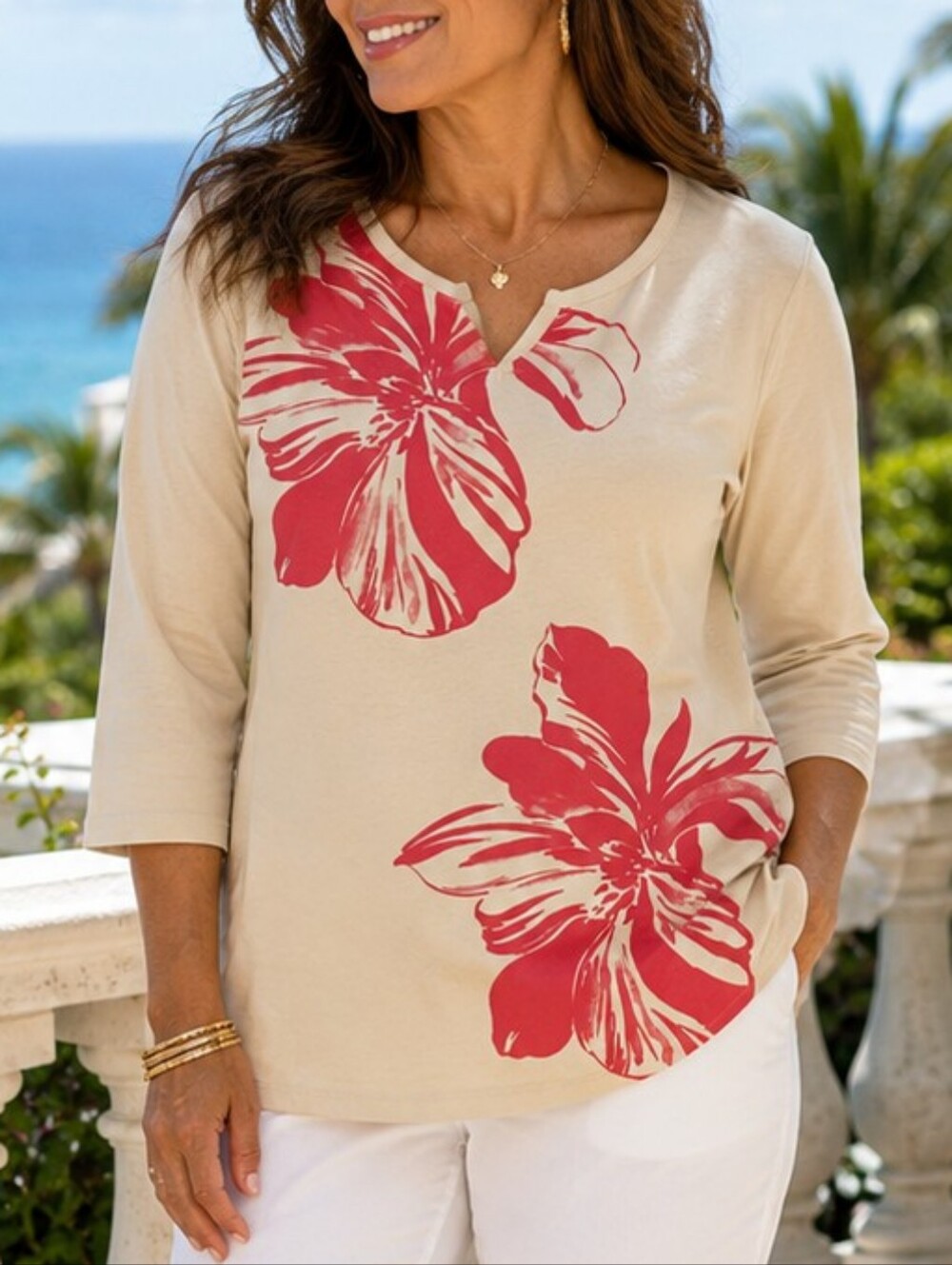 CHICO'S Khaki Beige Coral Hibiscus Botanical V-Neck Cotton Top Size 2 Large
